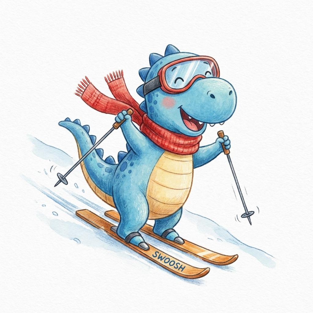 Swoosh the Snow-saurus on skis